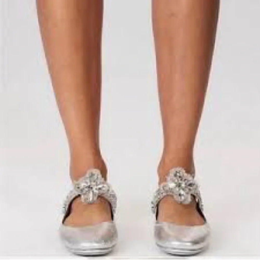 NEW!! Women’s Tory Burch Minnie Embellished Strap Ballet Flat 6M Silver Leather